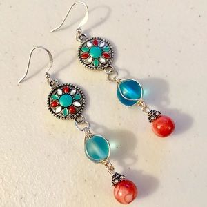 * SALE * Lt. Blue/Reddish Glass & Metal Earrings, SS Wires